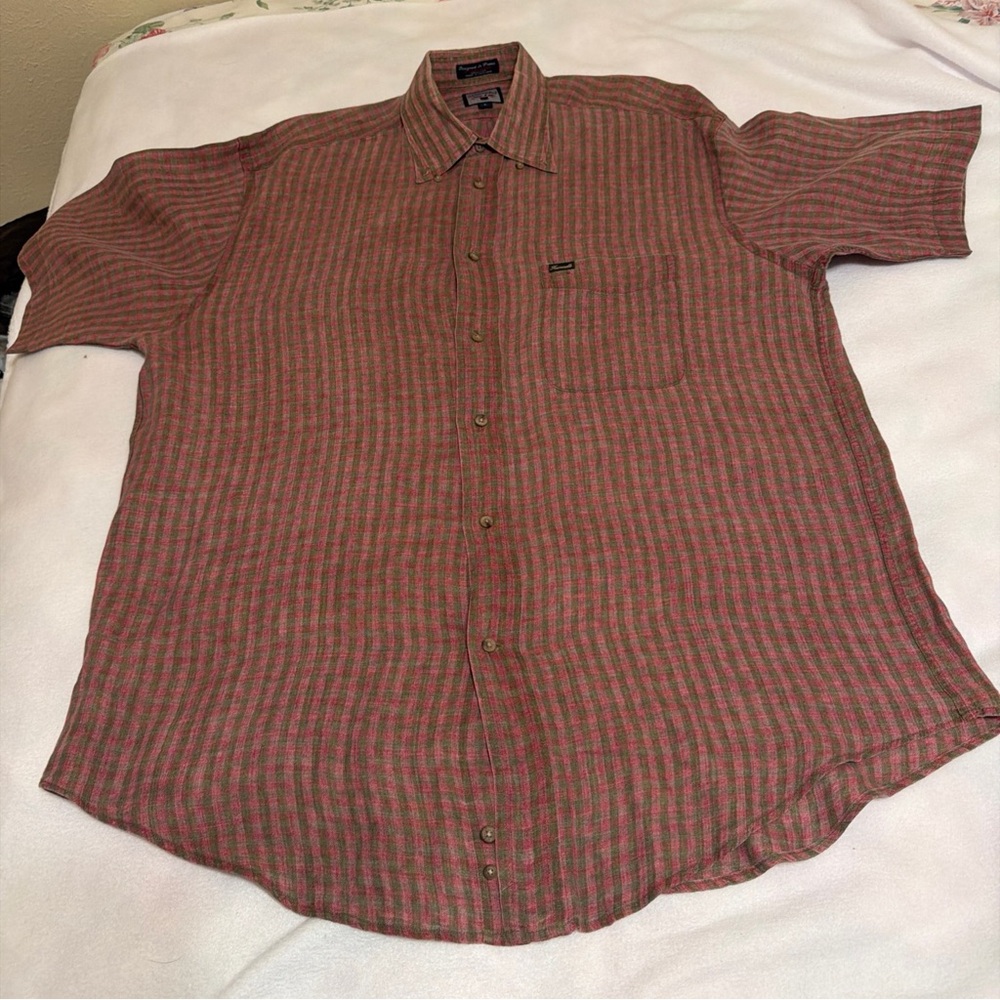 Faconnable Red and Gray Striped Button Down Shirt Sz L